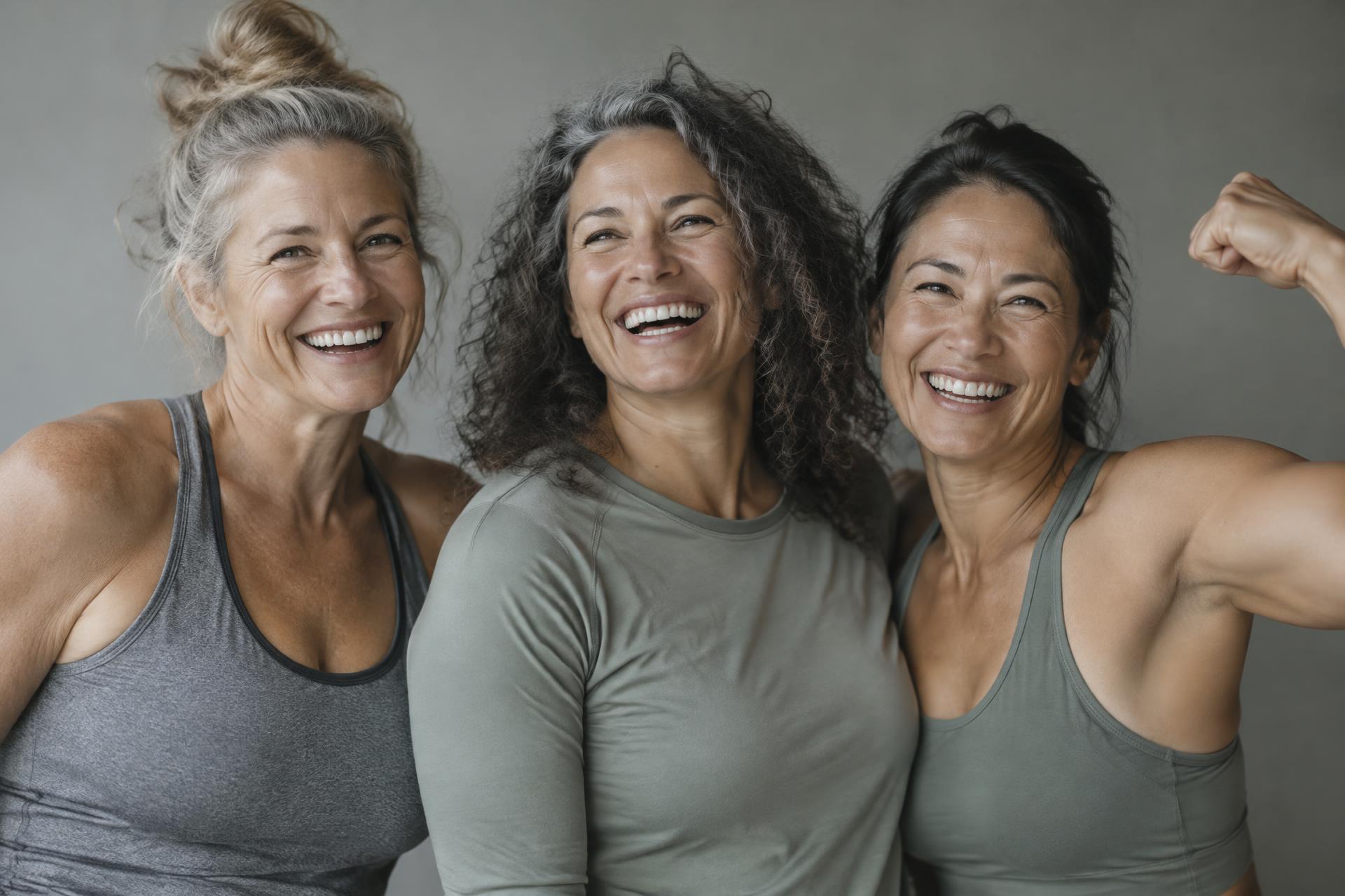 Three women smiling in athletic clothing